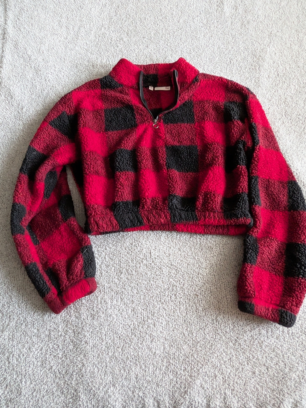 🌼B2G1🌼 SO Red & Black Buffalo Plaid Sherpa Half-Zip Cropped Pullover